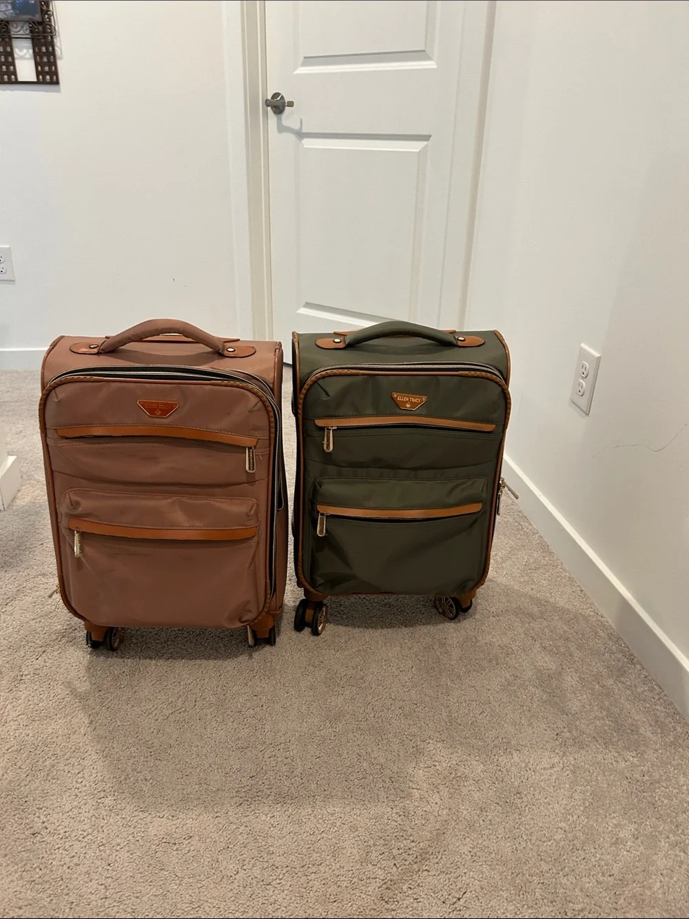 Ellen Tracy Olive and Brown Spinner Luggage Duo